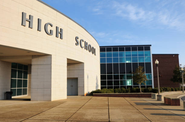 Entrance to modern high school with copy space